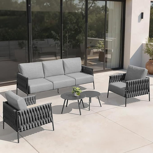 EAST OAK 5-Piece Patio Furniture Set | Life Chatter 5-Seat Outdoor Furniture | Deep Seating & Two Coffee Tables | Waterproof Extra-Thick Cushions | Porch, Balcony & Backyard | Earth Black & Misty Grey