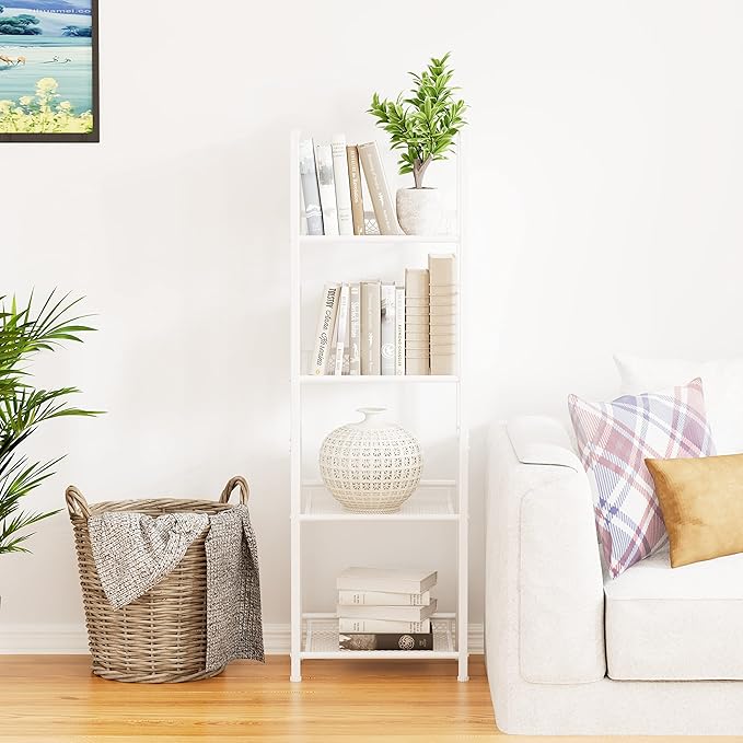 Bookshelf Storage Shelf Small Bookcase Freestanding Storage Stand for Living Room Bedroom, Kitchen, Rust Resistance, Easy Assembly Free Combination Multi-Functional Organizer (4 Tiers, White)