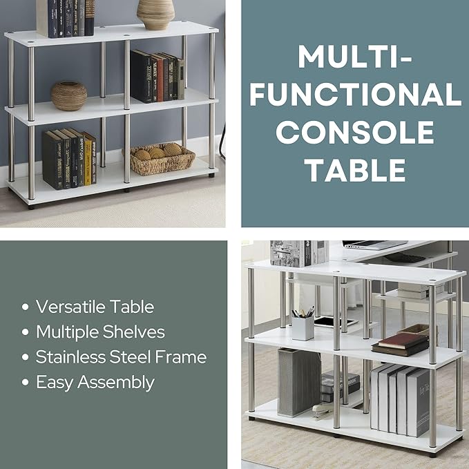 Convenience Concepts Designs2Go No Tools 3 Tier Wide Console Table 42" - Modern Multipurpose Accent with Shelves for TV Media Center, Office Desk Extension, Entryway Display, & Home Storage, White