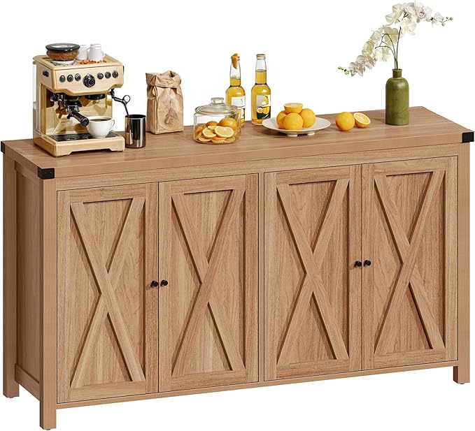 DWVO 55'' Sideboard Buffet Cabinet with Storage, Farmhouse Kitchen Storage Cabinet with Doors, Large Coffee Bar Cabinets with Adjustable Shelves for Kitchen, Living Room, Oak