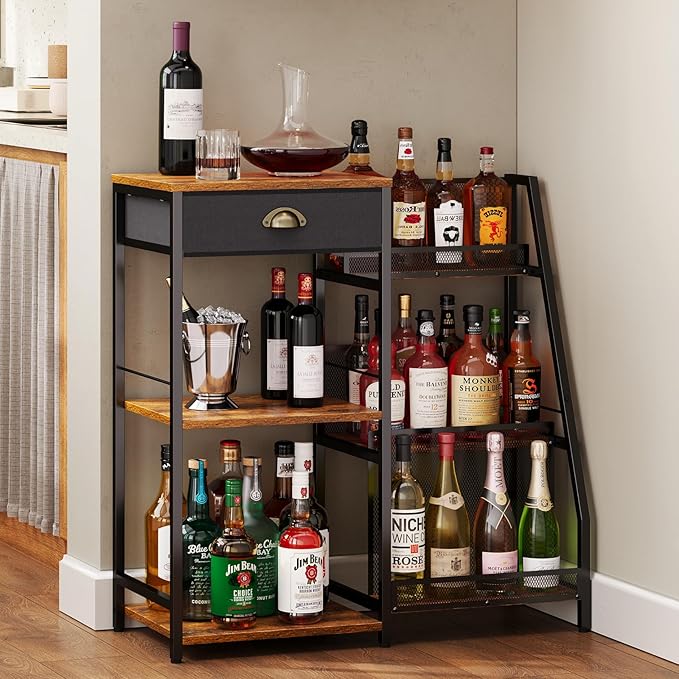 Liquor Cabinet Bar for Home with Drawer, 3-Tier Wine Rack Freestanding Floor and Wine Shelf with Step Design for Whiskey, Spirits, Vintage Mini Bar for Kitchen Apartment