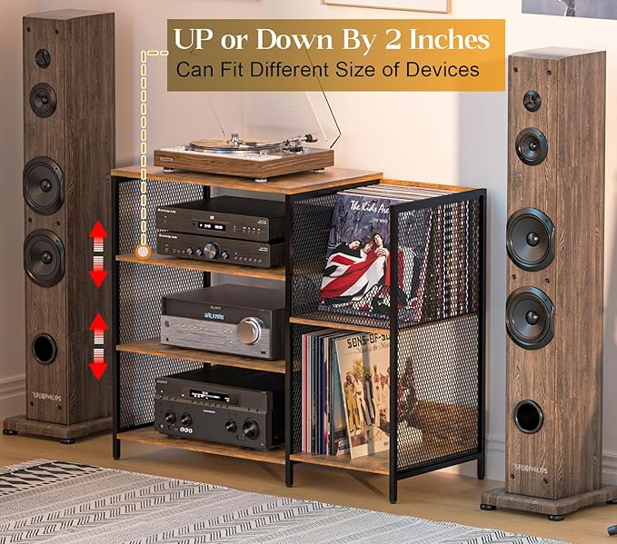Large Record Player Stand Table with vinyl record holder, AV Media Stand With Charging Station & USB Ports, Stereo Cabinet Stand with Led Strip Light, Sturdy, Adjustable Feet, Rustic, Large Capacity