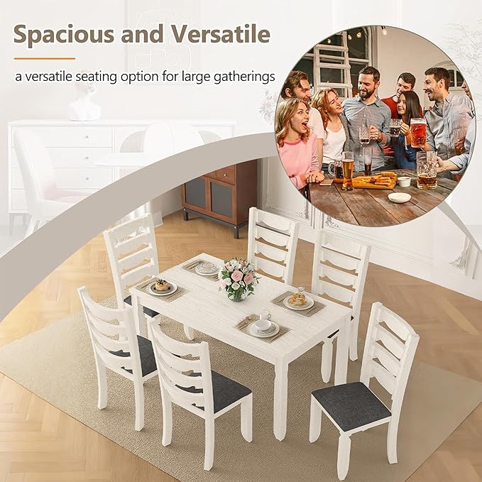 7-Piece Solid Wood Dining Table Set with 6 Upholstered Chairs - Easy Assembly Modern Design for Kitchen & Small Spaces, Durable Wooden Table and Chairs for Dining Room, Kitchen, Light Grey