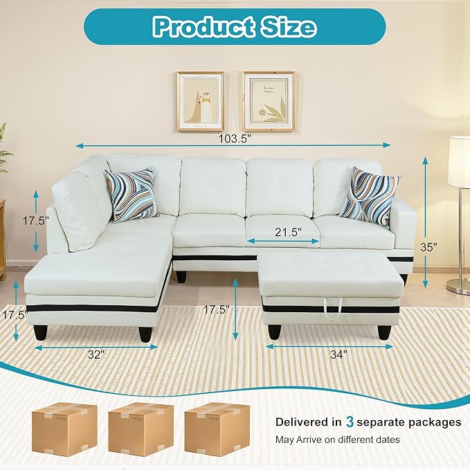 L Shaped Couch PU Leather Sectional Couch Upholstered 3 Pieces Sofas for Living Room with Chaise, Storage Ottoman for Office and Small Apartment, Black and White