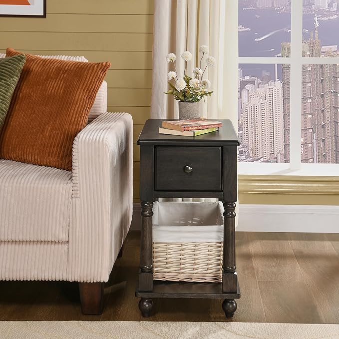 LEEMTORIG Set of 2 Solid Wood End Table Narrow Side Table with Drawer, Cherry Wood End Table Living Room, 13" W Slim Small Nightstand, 22" D x 22.3" H, No-Tools Assembly, Rustic Black BBJ-004-BK
