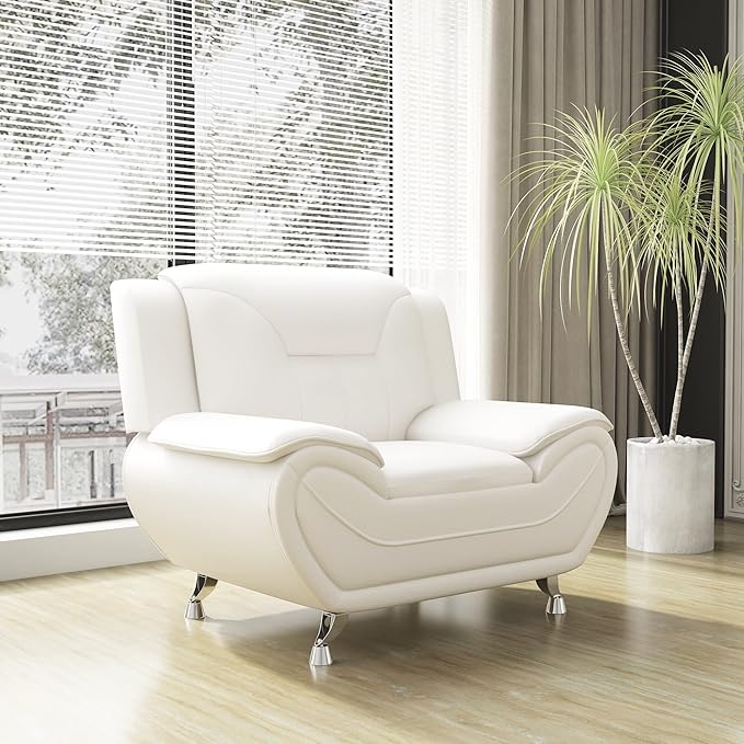 Container Furniture Direct Michael Modern Faux Leather Upholstered Stainless Steel Legs Living Room, Chair, Milky White
