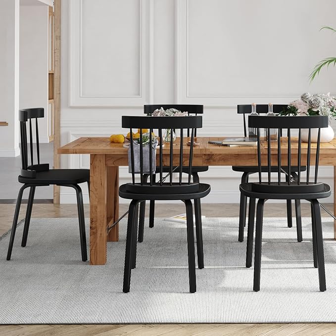 Unovivy Black Dining Chairs Set of 4, Wooden Windsor Chairs, Farmhouse Kitchen Chairs, Black Spindle Chair for Dining Room, Restaurant