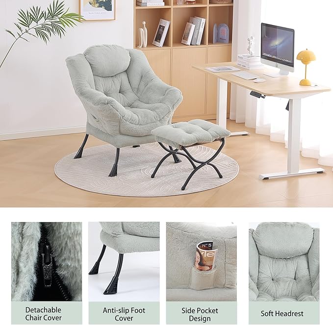 LITA Lazy Chair with Ottoman, Modern Accent Leisure Upholstered Sofa Chair, Contemporary Lounge Reading Chair with Armrests and a Side Pocket for Living Room, Bedroom & Small Space