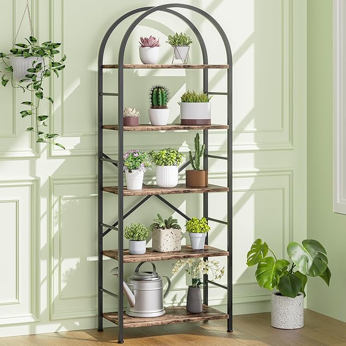 Shintenchi Bookshelf, Arched Bookshelf 5 Tier Bookcase, Tall Shelf for CDs/Books, Home Office Shelf Storage Organizer, Modern Book Shelf for Bedroom/Living Room, Rustic Brown
