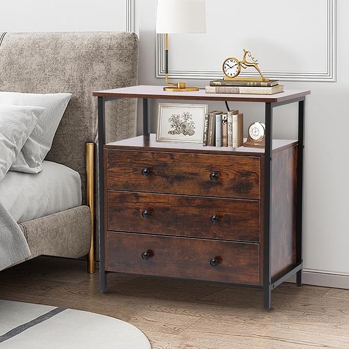 3 Wooden Drawers Night Stand, 27 Inch Wide Nightstand with Charging Station and Adjustable Drawers, Bedside Table for Living Room/Bedroom/Office, Retro Brown.