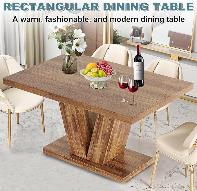 Dining Table for 4-6, 47" Farmhouse Dinner Table with with Wooden Tabletop and Heavy Duty Pedestal Wooden Rectangular Kitchen Tables for Dining Room, Kitchen, Living Room, Walnut Brown