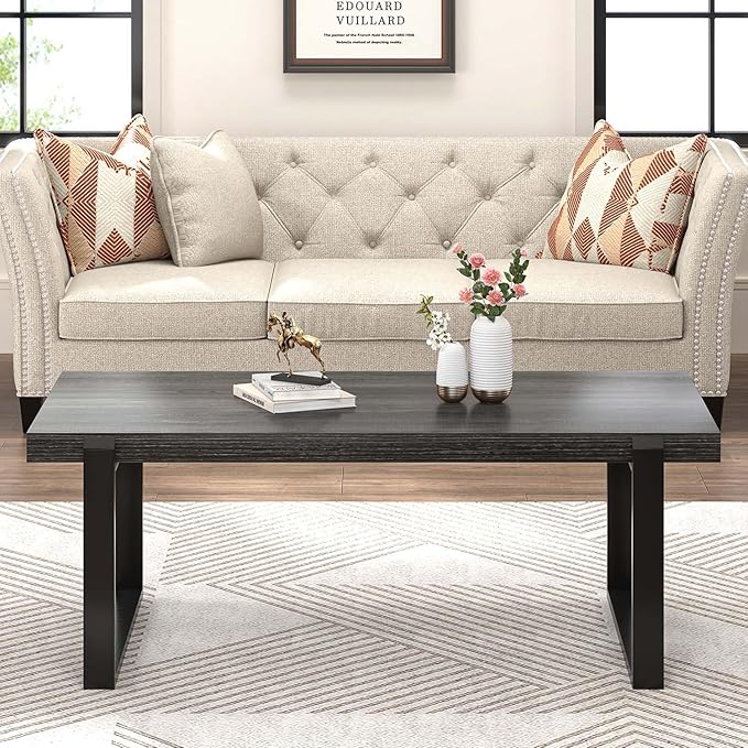 FOLUBAN Industrial Coffee Table, Rustic Wood and Metal Center Table, Modern Rectangle Cocktail Tea Table for Living Room, Dark Gray, 47 Inch