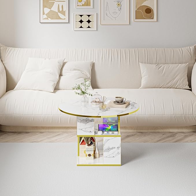 Elephance Round Coffee Table with Storage,3-Tier Coffee Table for Living Room,Wooden Tabletop-Marble White with Gold Frame