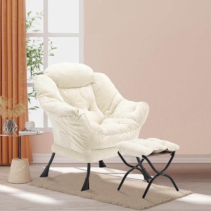 Lazy Chair with Folding Ottoman, Accent Chair Plush Upholstered with Metal Structure and Non-Slip Pads, Sofa Armchair with Footrest and Side Storage Bag for Dorm, Room, Office, Beige