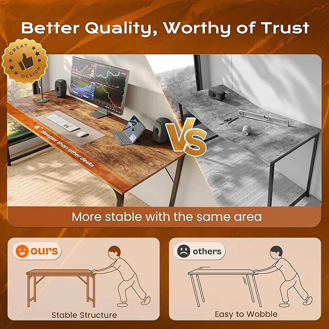 PRAISUN 47 X 24 Inch Computer Desk with Deeper Desktop, Gaming Office Writing Work Desk for Home Office, Study, Bedroom, Work from Home, Metal Frame, Rustic Brown