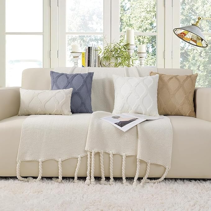 decorUhome Throw Pillow Covers 24x24 Inch Set of 2, Soft Plush Faux Fur Wool Beige Couch Pillow Covers, Decorative Neutral Pillow Cases for Bed Sofa Living Room Home Decor