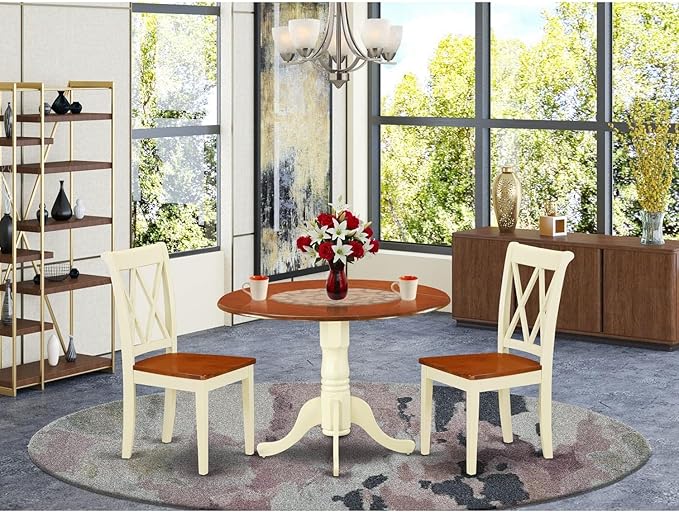 East West Furniture DLCL3-BMK-W 3 Piece Dinette Set for Small Spaces Contains a Round Dining Table with Dropleaf and 2 Dining Chairs, 42x42 Inch, Buttermilk & Cherry