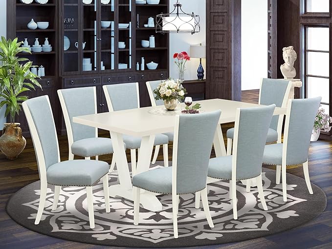 East West Furniture V027VE215-9 9 Piece Dining Room Set Includes a Rectangle Kitchen Table with V-Legs and 8 Baby Blue Linen Fabric Parsons Dining Chairs, 40x72 Inch, Multi-Color