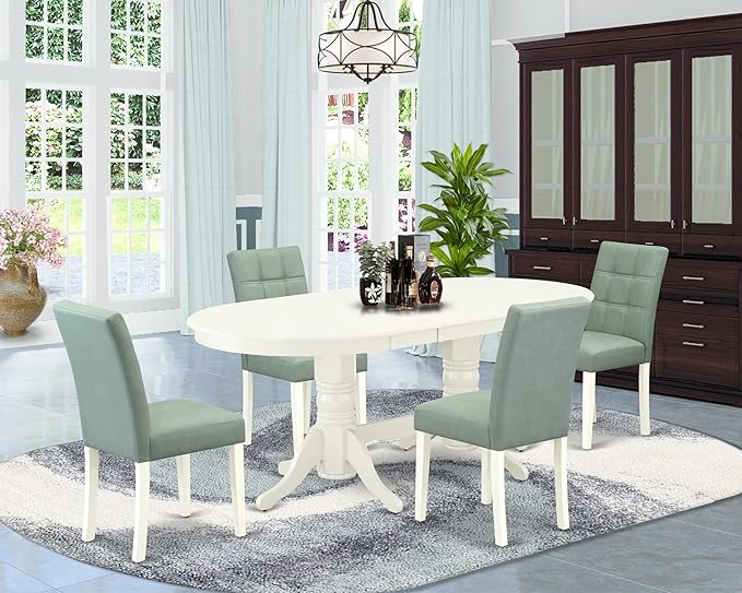 East West Furniture VAAS5-LWH-43 5 Piece Kitchen Table Set contain A Wooden Table and 4 Willow Green Polyester Fabric Mid Century Chairs, Linen White
