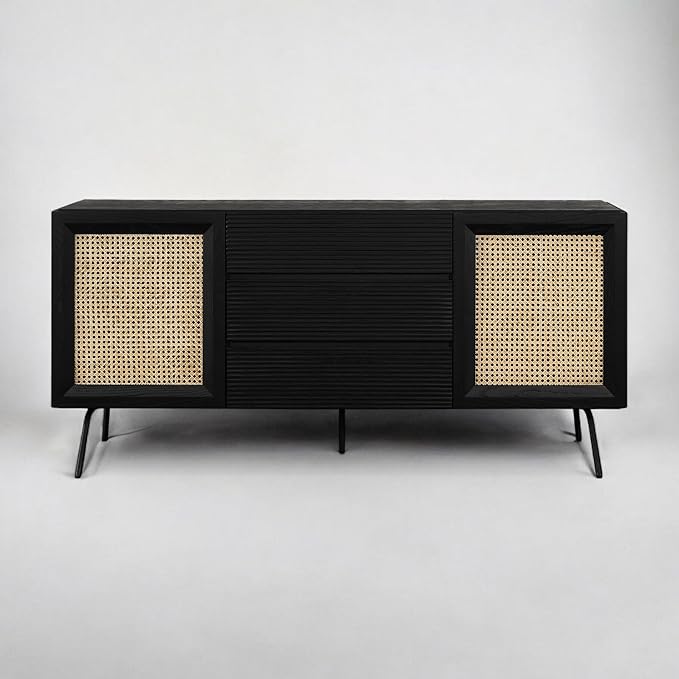 NTC MOSSIC Sideboard with 2 Doors and 3 Drawers, Buffet Cabinet with Natural Rattan and Metal Legs, Modern Storage Cabinet for Living Room, and Hallway, Effortless Assembly - Burnt Black
