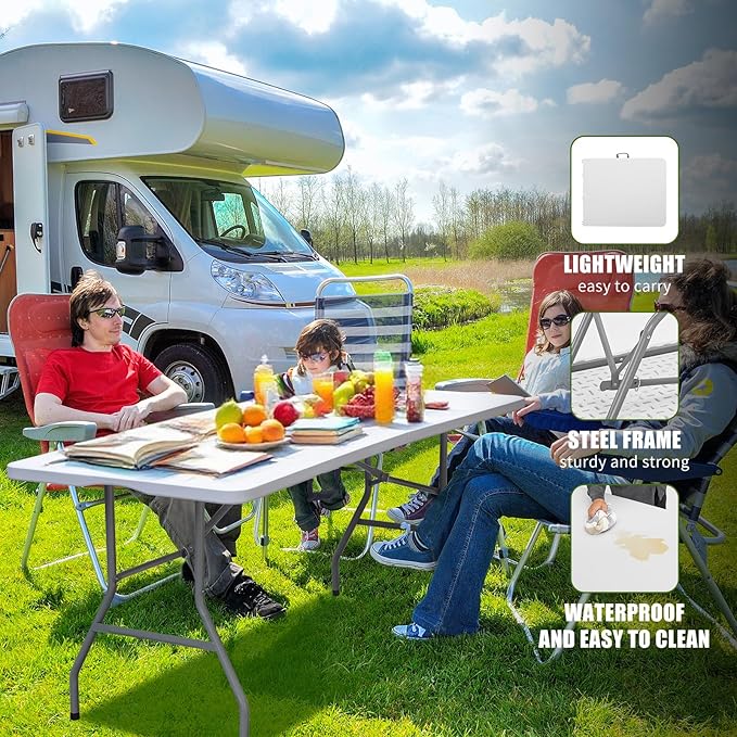 6 FT Folding Table for Indoor Outdoor, Portable Heavy Duty Folding Camping Tables for Eating, Fold-in-Half Plastic Dining Picnic Party Utility Card Table with Carrying Handle, 71x29 inch