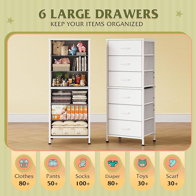 WLIVE White Tall Dresser for Bedroom, 6 Drawer Dressers & Chests of Drawers, Fabric Dresser for Closet, Living Room, Night Stand with Metal Frame, Storage Tower with Fabric Bins, Wood Top