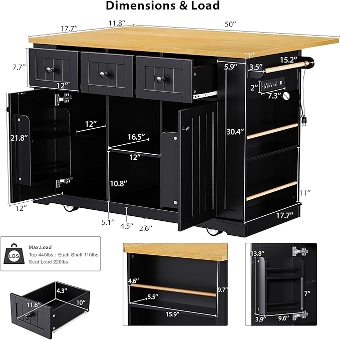 53" Large Kitchen Island with Drop Leaf,Power Outlet & Door Internal Storage Rack,Rolling Kitchen Cart on 5 Wheels W/ 5 Open Side Racks for Kitchen,Dining Room,Black(Not Include bar stools)