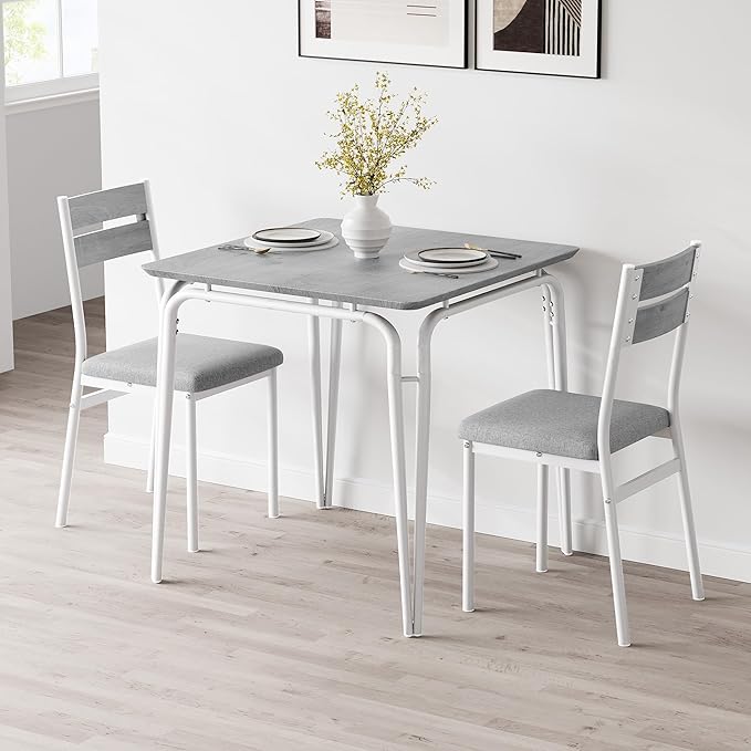 Dining Table for 2, Small Table and Chairs Set of 2, Square Dinette Set for 2, 3 Piece Kitchen & Dining Room Sets for Small Space (White, Table with 2 Upholstered Chairs)