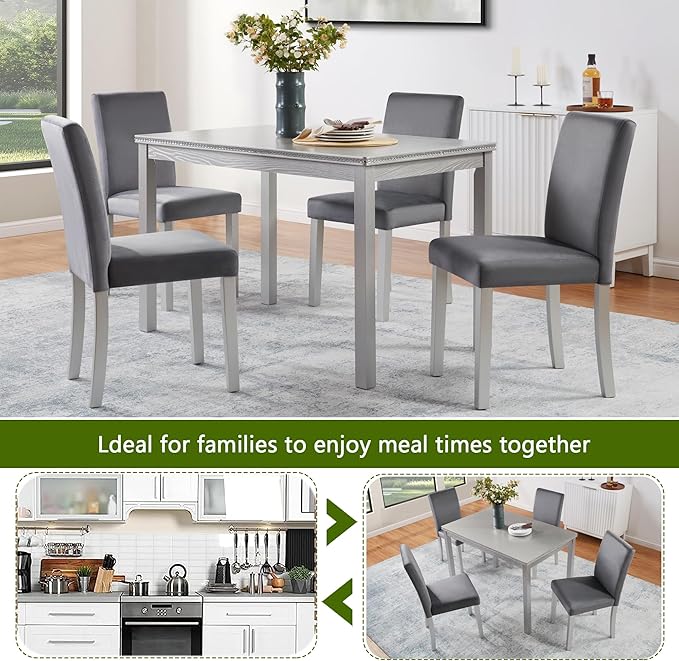 KEIKI 5-Piece Standard Height Dining Table Set with Rectangular Table and 4 Upholstered Chair, for 4 Person, Crystal Decoration Wooden Table Set, Easy Assembly, for Kitchen, Dining Room, Silver Grey