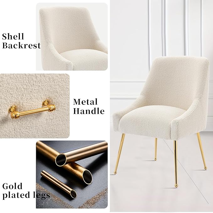Modern Velvet Dining Chairs Set of 2, Contemporary Upholstered Furniture Collection with Polished Gold Metal Legs, Elegant Accent Chairs for Kitchen Living Room(Teddy Fleece,Beige)