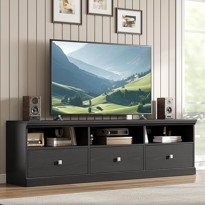 GarveeHome TV Stand for 65/70/75 Inch TV, Entertainment Center with Storage Drawer, Mid-Century Modern TV Console with Open Shelves, 70in Media TV Cabinet for Living Room, Bedroom (Black)