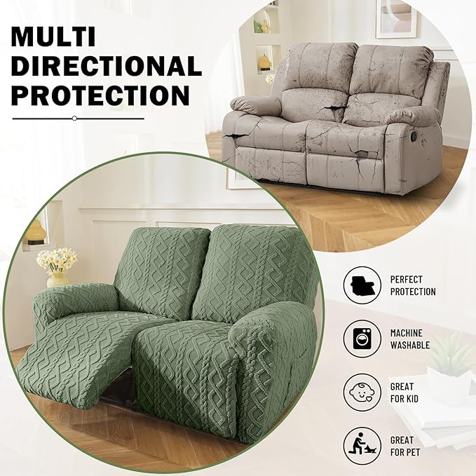 vctops 6 Pieces Geometric Jacquard Plush Recliner Loveseat Slipcovers Soft Fuzzy Fluffy Sofa Couch Cover Anti-Slip Furniture Protector with Elastic Bottom for Kids Cats Dogs(Green,2 Seat)