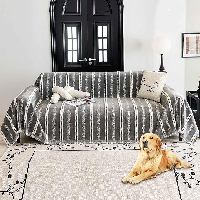 Couch Cover for Dogs Washable Sofa Cover, Sectional Couch Covers, Sofa Covers for 2 Cushion Couch, Non Slip Stripe Sofa Slipcovers Furniture Protector, Couch Protector from Cat Claws, Grey,75''x102''