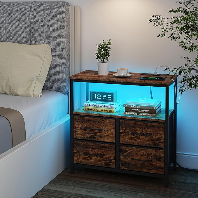 TUTOTAK LED Night Stand with Charging Station, Large Nightstand with USB and Type-C Port, Bedside Table with Cloth Drawers, End Table for Livingroom, Bedroom, Brown TB01BB081L