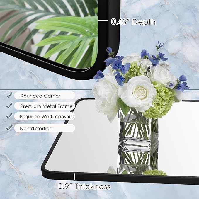 30x40 Inch Rectangle Bathroom Mirror with Black Metal Frame, Rounded Corner Rectangular Vanity Mirror for Wall, Modern Large for Bedroom, Living Room, Horizontal or Vertical