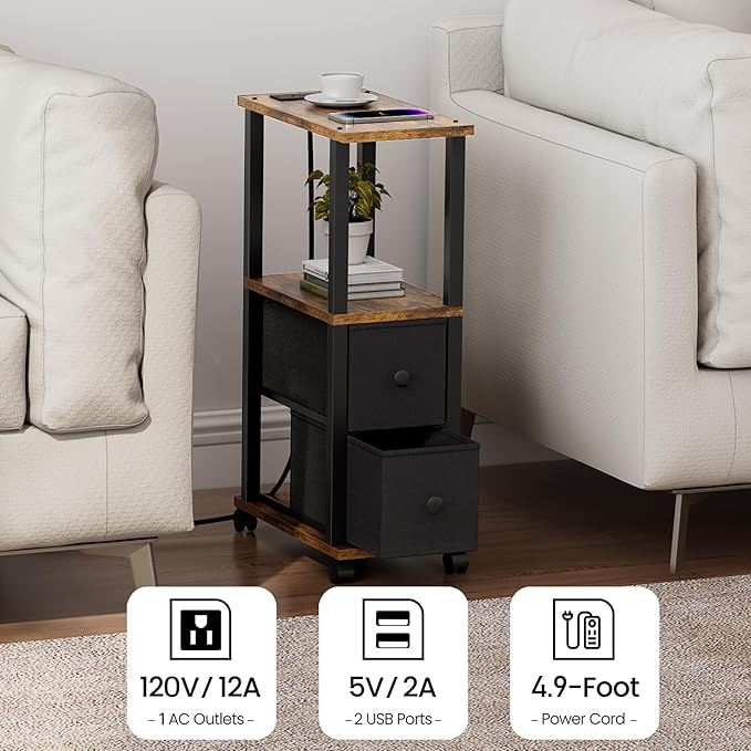 TUTOTAK Small Narrow End Tables, Side Tables with 2 Fabric Drawers, Set of 2, Bedside Tables with Charging Station for Small Spaces, Slim Nightstands with USB Ports and Wheels, TB01BB053