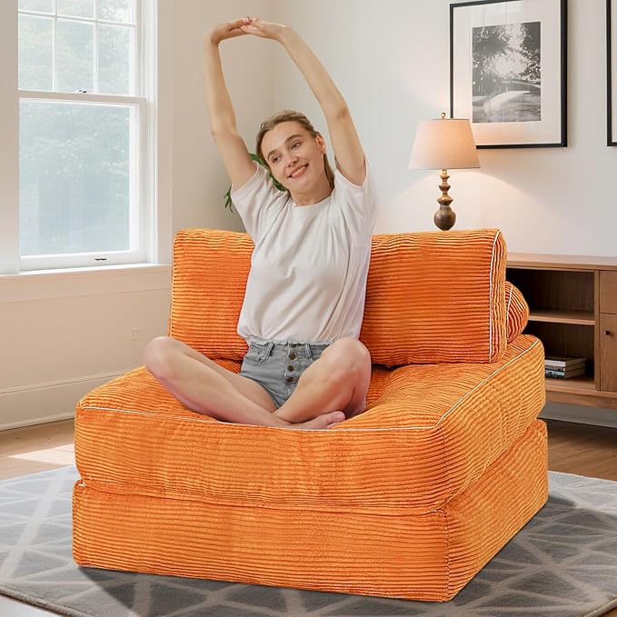 HABUTWAY Folding Sofa Bed, Convertible Sleeper Chair Bed w/Dual-Pillow & Handle, Foldable Floor Sofa Lounge w/Back Support for Living Room, Bedroom, Apartment, Office, Orange
