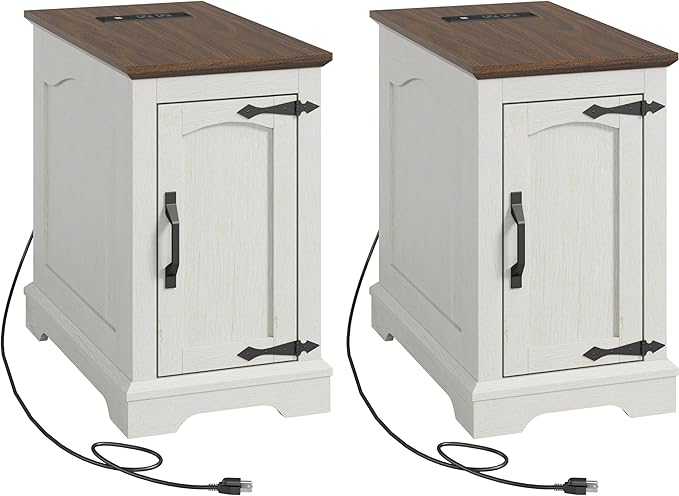 End Tables Set of 2 with Charging Station,13.8" W Narrow Side Table with Storage for Sofa Couch or Bed Side with Outlets & USB Ports, Farmhouse Wooden Nightstand for Bedroom Livingroom