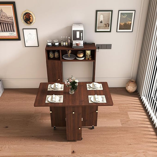 Ball & Cast Multifunctional Folding Dining Table with Wall-Mounted Sideboard & Storage,Wood Kitchen Island w/Four-in-one Socket and Silent Wheels,Space-Saving,Easy to Assemble,for Dining Room,Walnut