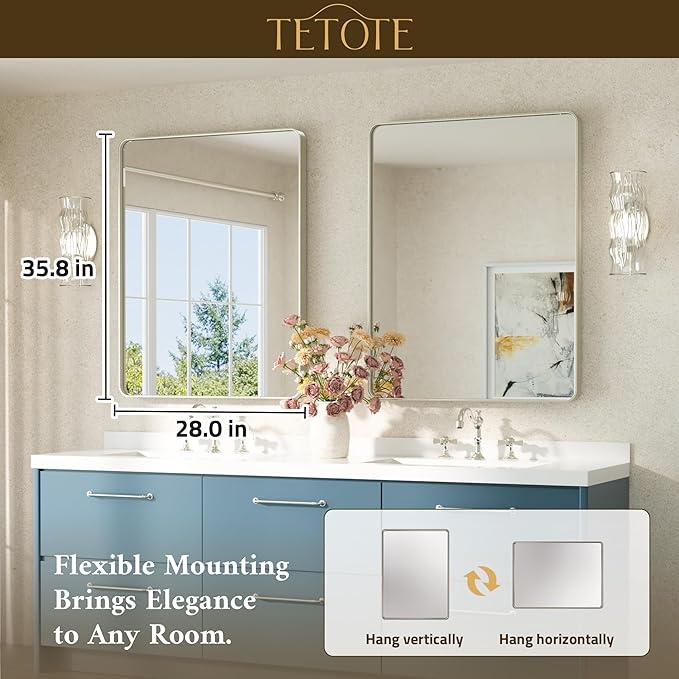 TETOTE Brushed Nickel Mirror 28 x 36 Brushed Nickel Metal Framed Bathroom Mirror, Tempered Glass, Modern Farmhouse Wall Mounted Mirror for Decorative(Horizontal/Vertical)