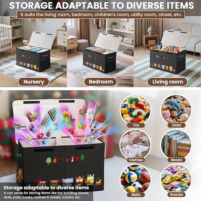 80L Large Toy Storage Box with Lid, Large Toy Box Chest for Kids, Girls and Boys, Nursery Room and Living Room, 26"x13" x16" (black-animal)
