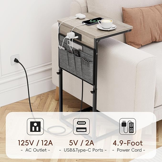 Vagusicc C-Shaped End Table Set of 2 with Charging Station, Small Side Table for Couch, Adjustable Height Couch Side Table, Slide Under Sofa Table TV Tray Tables for Living Room, Bedroom,Bedside, Gray
