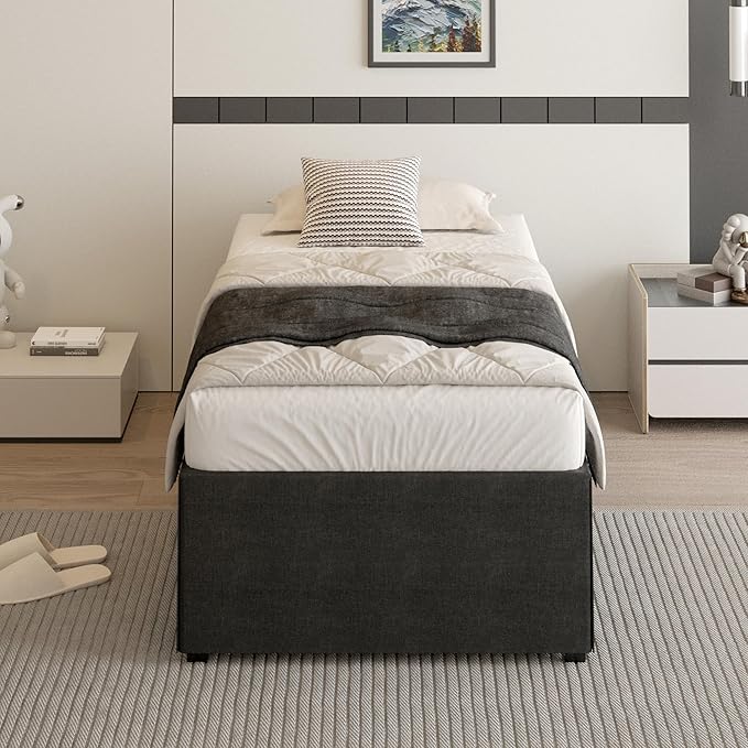 18 Inch Twin XL Bed Frames with Black Bed Cover, Metal Bed Frame Twin XL No Box Spring Needed, Heavy Duty Mattress Foundation, Easy Assembly, Noise Free