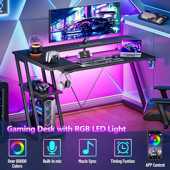55 Inch Gaming Desk with Power Outlet & LED Lights, L Shaped Gamer Computer Table with Storage Shelves for Bedroom, Corner Home Office Desk, Carbon Fiber Black