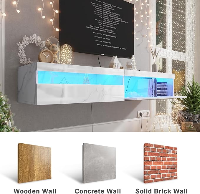 Floating TV Stand with Led Lights, 71 inch Wall Mounted TV Shelf with Power Outlet, Modern Entertainment Center Media Console with Storage Cabinet, Up to 80 Inch TVS, White Slate