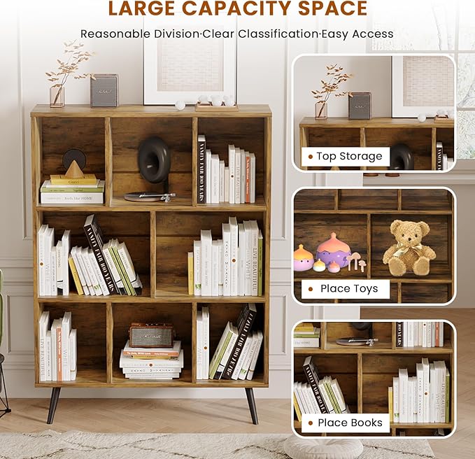 8 Cube Bookshelf 3 Tier Mid-Century Rustic Brown Modern Bookcase with Legs,Retro Wood Book Shelf Storage Organizer Shelf,Freestanding Organizer Display Shelf for Bedroom,Living Room,Office