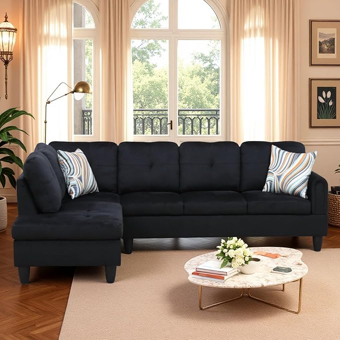 Modular L-Shaped Sectional Sofa, Modern Couches with Movable Chaise, Convertible 4-Seater Couch for Bedroom, Apartment & Office, Black