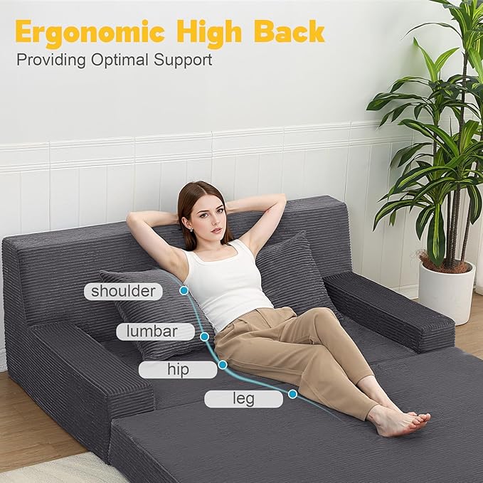 MeMoreCool Boneless Folding Sofa Bed Queen, Corduroy Convertible Sleeper Chair, Foldable Foam Mattress Chair, Comfy Fold‑Out Futon Couch Bed, Large Floor Sofa Couch for Living Room Guest