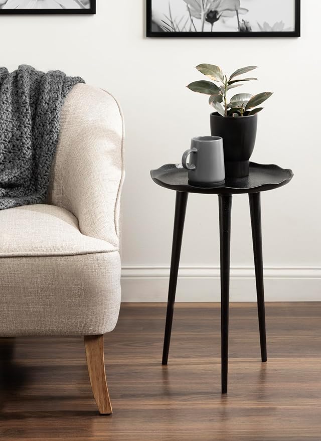 Kate and Laurel Alessia Modern Round Metal Side Table; 15 x 15 x 22; Black; Decorative Cast Aluminum End Table with Deckled Edge for Bedroom Nightstand or Living Room Accent