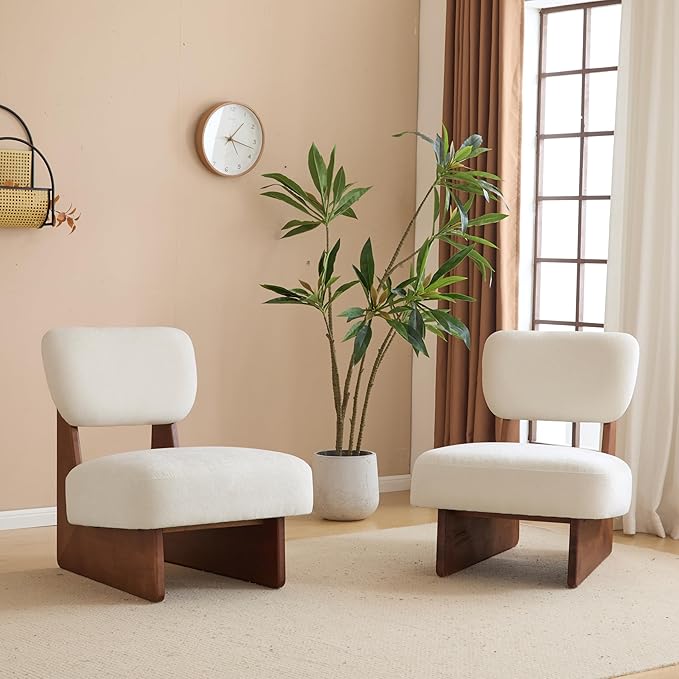 Christopher Knight Home Mores Low Profile Accent Chair Set of 2, Modern Living Room Armless Lounge Chair, Fabric Comfy Reading Chair for Bedroom, Wooden Frame and Thick Padded Seat, White+Walnut